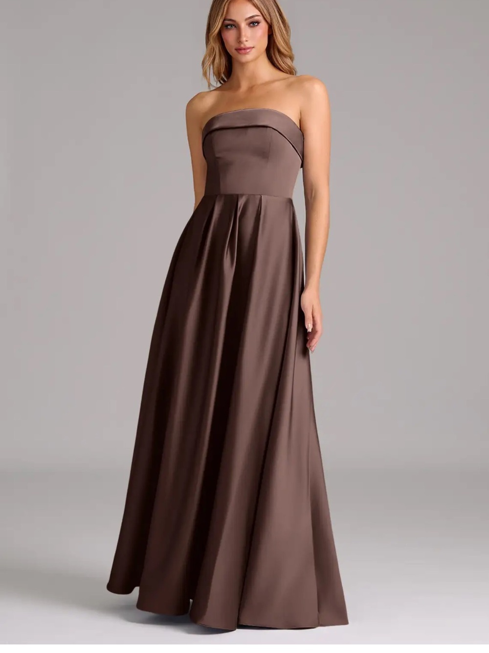 Azazie Lucienne Ganache Brown A Line Strapless Satin Evening Gown Size 0